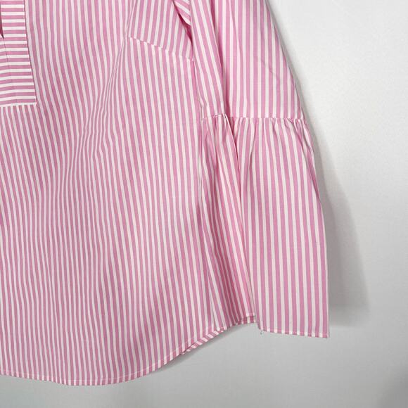 J Crew Womens Size 2 Pink White Bell 3/4 Sleeve Blouse Top Split V Neck Cotton - Picture 4 of 12